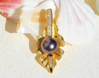 Vermeil Cluster Tahitian Pearl Brooch/Pendant | AAA+ | 10mm | Deep Aubergine | Tahitian Pearl Pin | Leaf Brooch | Gold Plated Silver