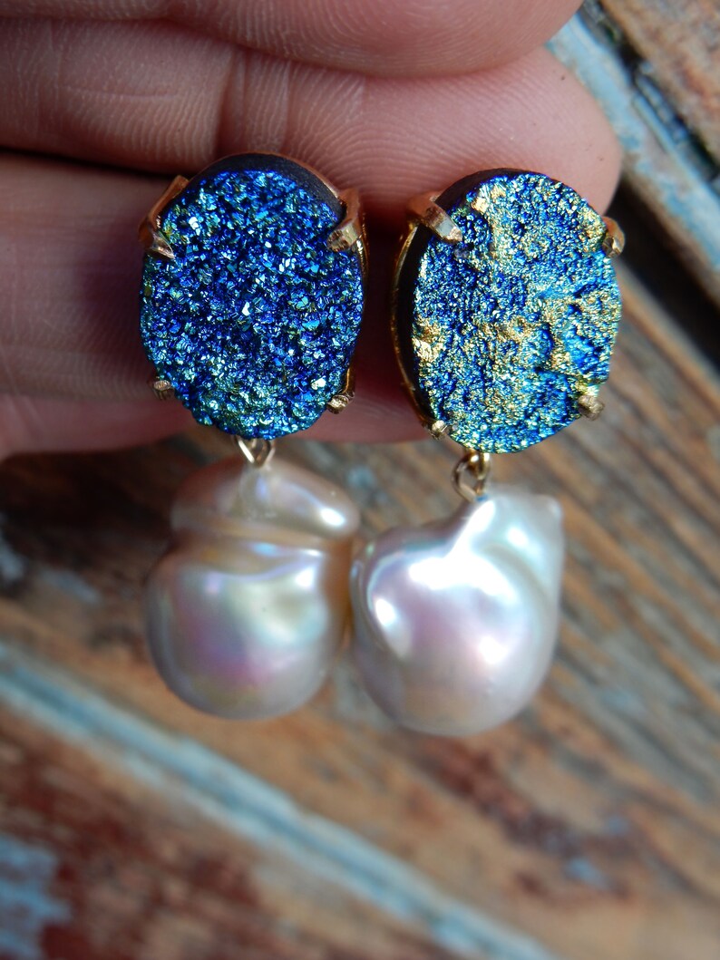 Big Pearl Earrings Gemstone and Pearl Ready to ship 16mm Blue Titanium Druzy Baroque Pearl Earrings