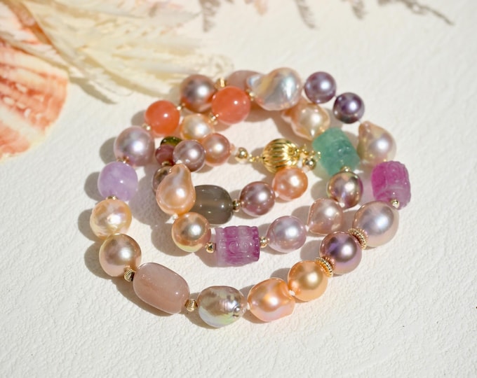 Freshwater Pearl & Gemstone Necklace: 19.25 Inch, Gold Filled Clasp, Crystal, Amethyst, Fluorite, Agate, Tourmaline, Pink