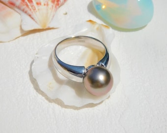 Tahitian Pearl Ring: Cherry Brown, 10.3mm, White Gold Plated Sterling Silver, AAA, 7 US, Black Pearl Ring
