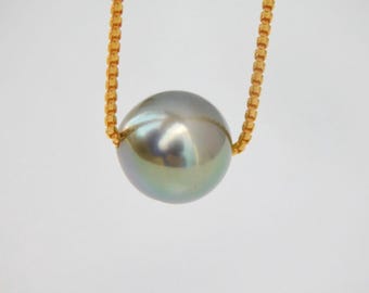 10.4mm Floating Tahitian Pearl Necklace: Gold filled Box Chain, Green Black, AAA, Adjustable 17.5''