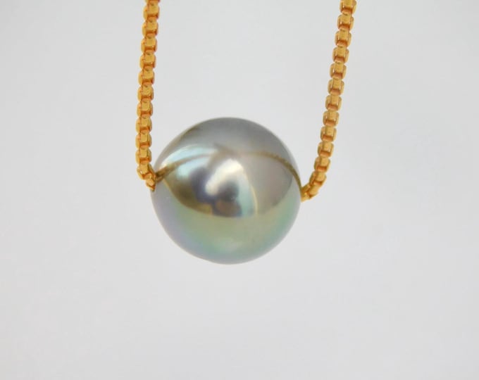 10.4mm Floating Tahitian Pearl Necklace: Gold filled Box Chain, Green Black, AAA, Adjustable 17.5''