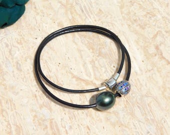Leather & Tahitian Pearl Necklace: Sterling Silver Bead, Oval, AA+, 13.4mm