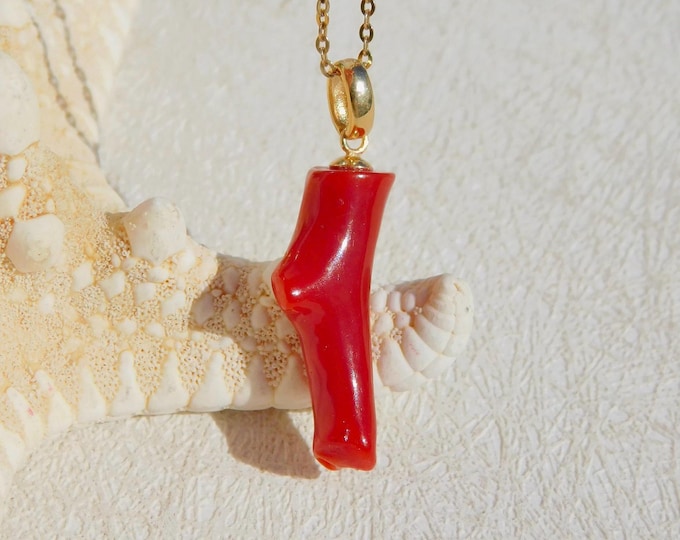 Italian Coral Branch Pendant | Natural Red | Undyed | Solid 18kt Yellow Gold Bail (No Chain) | 9mm * 20.6mm | Au750 | Natural Coral Branch