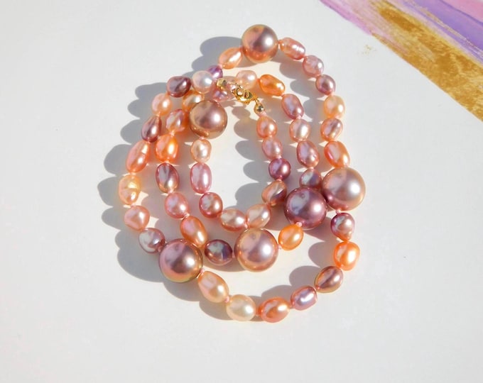17 Inches Multi-color Freshwater Keshi Pearl Necklace | AAA+ | 10.5mm | Solid 18k Gold | Free Formed Pearls | Pink | Mauve | Coral | Pink