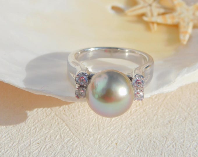 11.1mm Pastel Gray Green Tahitian Sterling Silver Ring | AAA+ | Round | Size 7 US | South Sea Pearl | White Gold Plated | Pastel Green | CZ