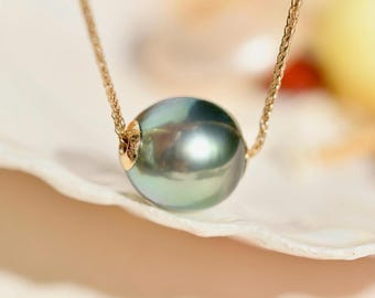 Floating Tahitian Pearl Necklace: Oval, Solid 18K Gold Dainty Chain, AAA, 10.4mm, Pastel Green