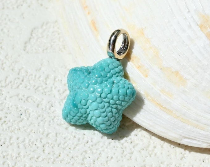 Small Turquoise Starfish Charm Pendant: Solid 18K Gold, Textured Blue Starfish, Ocean Inspired, 11.9mm