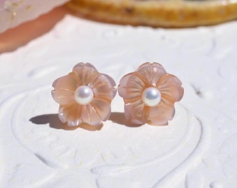 18K Gold Cherry Blossom Stud Earrings: Pink Trochus Shell & Freshwater Pearl