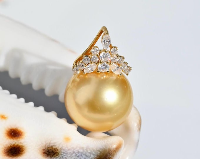 12.8mm Golden South Sea Pearl Pendant: Solid 18K Gold, AAA, Moissanite Cluster Pendant