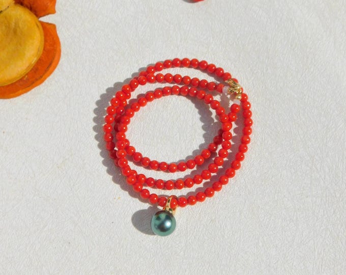 19 Inches Red Italian Coral Removable Tahitian Pearl Pendant Necklace | 4.2mm | Round | Solid 18k Gold | Red | Near Oxblood Red Cora
