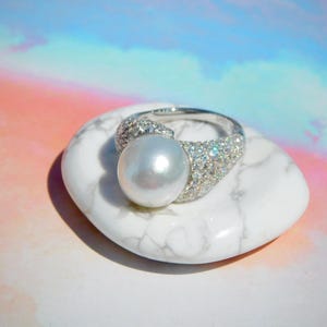 12mm White South Sea Pearl Ring | Cluster Ring | Gold Plated Silver | 7.25 US | AAA | Pearl Ring | Statement Ring | Australian Pearl