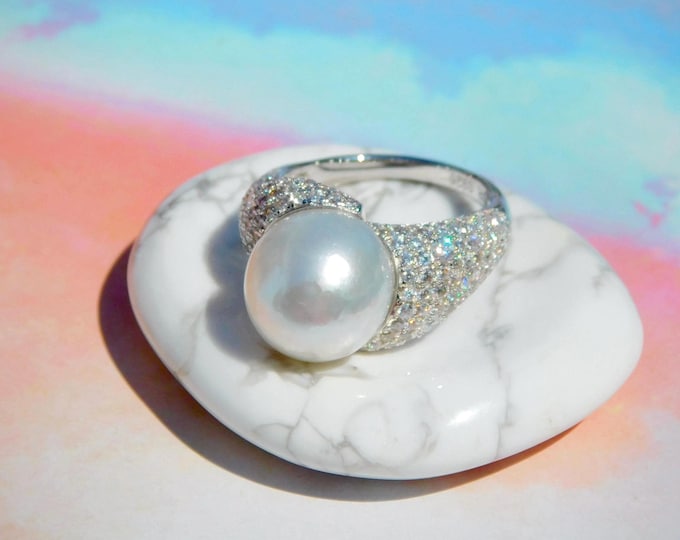 12mm White South Sea Pearl Ring | Cluster Ring | Gold Plated Silver | 7.25 US | AAA | Pearl Ring | Statement Ring | Australian Pearl