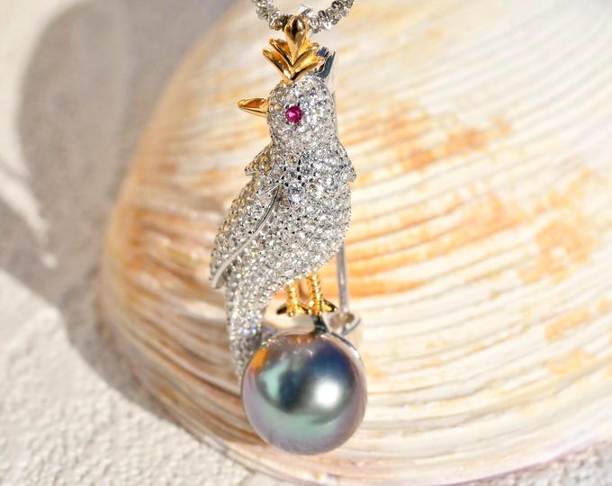 Sterling Silver Bird Tahitian Pearl Brooch/Pendant: Cluster S925 Pin, Aubergine, AAA, 10mm