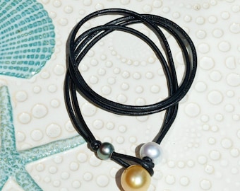 15.8mm Golden & White South Sea, Tahitian Pearl Necklace: Genuine Lambskin Leather Cord, Adjustable Triple Pearl Necklace