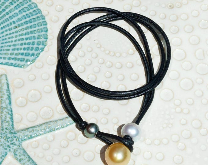 15.8mm Golden & White South Sea, Tahitian Pearl Necklace: Genuine Lambskin Leather Cord, Adjustable Triple Pearl Necklace
