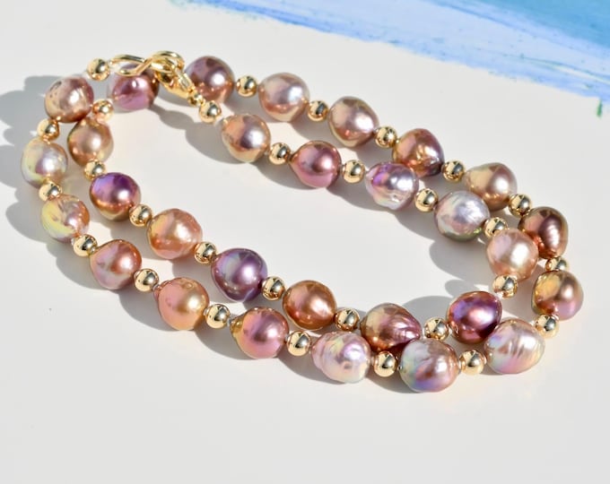 Metallic Kasumi-like Pearl Necklace: Rainbow Luster, 16.75-Inch, Gold Filled, Ripple Pearls