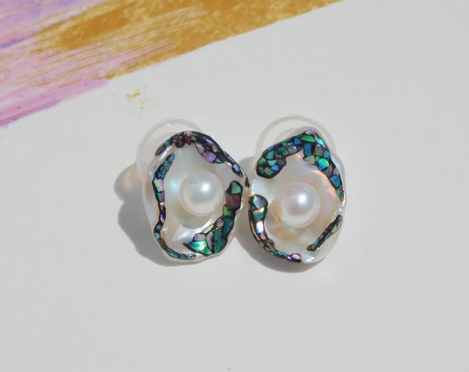 Maki-e Freshwater Keshi Pearl Studs | One-of-Kind | Solid 18kt Gold | Handcrafted | Abalone Shell | Pearl Gold Studs | Baroque Pearls