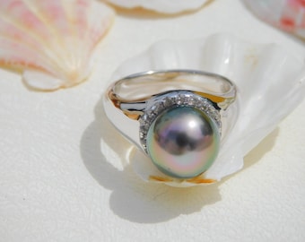 Tahitian Pearl Ring | Peacock | 10.4mm | White Gold Plated Sterling Silver | 6.75 US | AAA | Black Pearl Ring | Simple Design Ring | Green