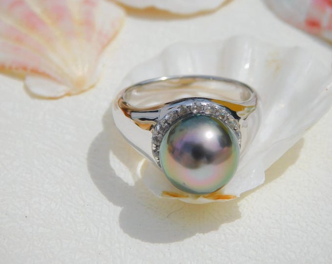 Tahitian Pearl Ring | Peacock | 10.4mm | White Gold Plated Sterling Silver | 6.75 US | AAA | Black Pearl Ring | Simple Design Ring | Green
