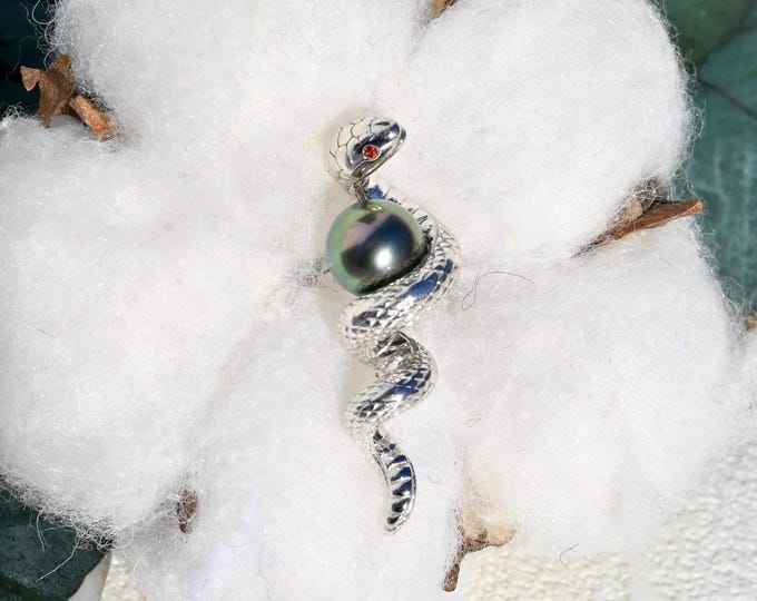 Tahitian Pearl Snake Brooch: Sterling Silver Animal Pin, S925, Peacock