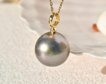 12.7mm Tahitian Pearl Pendant: Solid 18K Gold, Natural Tiny Diamond Accent, Silver Gray Pistachio, AAA
