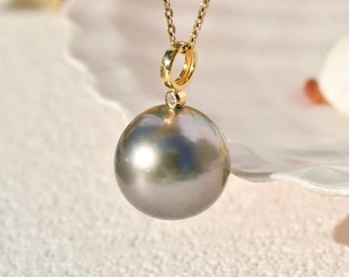 12.7mm Tahitian Pearl Pendant: Solid 18K Gold, Natural Tiny Diamond Accent, Silver Gray Pistachio, AAA