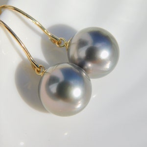 May include: A pair of silver gray pearl earrings with gold hooks.