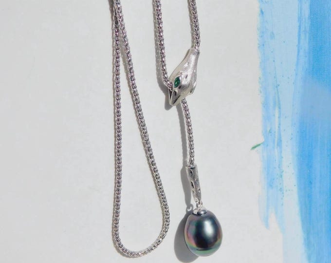 11mm Tahitian Pearl Lariat & Y Necklace | Snake | Adjustable Sterling Silver Popcorn Chain |  Saltwater Pearl | Silver Y Necklace | Peacock