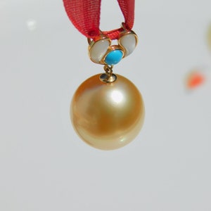 13mm Light Golden South Sea Pearl Pendant Solid 18K Gold Bail AAA Mother of Pearl and Turquoise Saltwater Pearl Pendant image 3