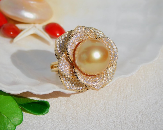 Deep Golden South Sea Pearl Rose Ring | Flower Ring | 12.6mm | Round | Gold Plated Silver 3D Rose | CZ | Adjustable 6.5-8.5 US | AAA