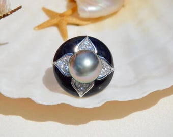 Tahitian Pearl Black Enamel Silver Ring | Aubergine Peacock | 10.6mm | White Gold Plated Sterling Silver | 7 US | AAA | Black Pearl Ring