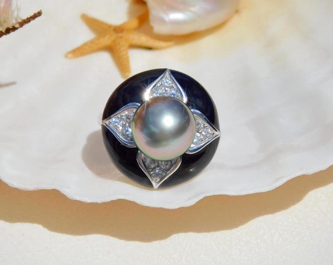 Tahitian Pearl Black Enamel Silver Ring | Aubergine Peacock | 10.6mm | White Gold Plated Sterling Silver | 7 US | AAA | Black Pearl Ring