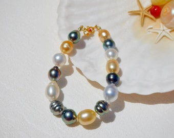 South Sea Pearl Bracelet | 6.5 Inches Wrist | Tahitian Pearls | Golden | White | AAA | Circled | 8.2-10mm | Solid 18K Gold Clasp Ruby