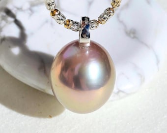 14.3mm Freshwater Pearl Pendant: Solid 18K White Gold, Large Pink Lavender Pearl Charm, AAA+