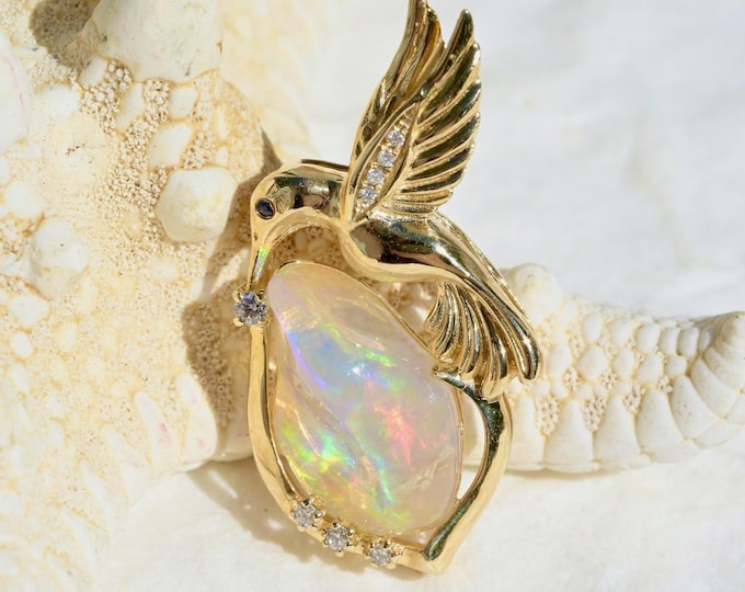 3.5ct Mexican Opal Hummingbird Pendant: Solid 9K Gold, Natural Opal, Lab Diamonds, Animal, Iridescent Opal
