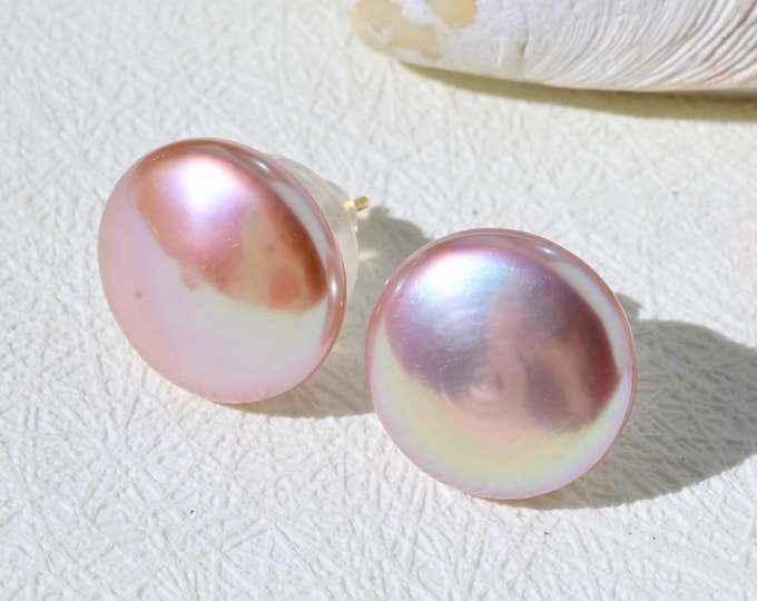 13.4mm Button Freshwater Pearl Studs: Pink-lavender, Coin Freshwater Pearls, Solid 18K Gold, AAA+