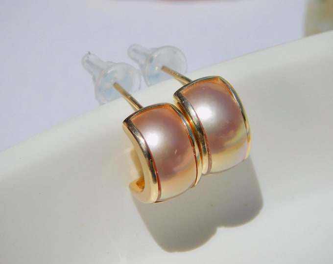 Sliced Pearl Half Hoop Earrings | Vermeil Hoops | Cultured Freshwater | Metallic Pink Pistachio | Gold Plated Sterling Silver | Small Hoops