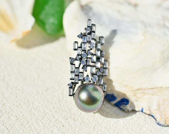 Sterling Silver Cluster Tahitian Pearl Brooch: 11.2mm Aubergine Peacock, AAA, Black Pearl Pin/Pendant, Rhodium Plated Silver