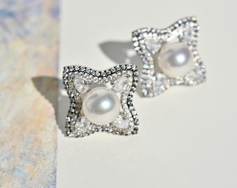 Cluster Akoya Pearl Post Earrings: Japanese Akoya Pearls, White Gold Plated Silver, 8.5mm, Saltwater Pearls, White Pearls, AAA