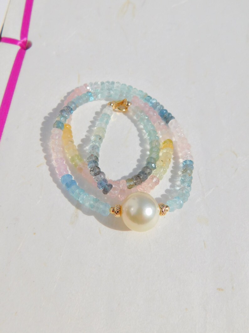 Aquamarine and Morganite with South Sea Pearl Necklace 13mm Solid 18kt/14kt Yellow Gold Saltwater Pearl AAA Gemstone and Pearl image 1