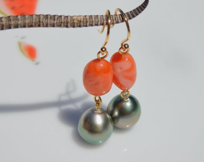 Pink Orange Coral Tahitian Pearl Earrings | Solid 18K Gold Shepherd Hooks  | Gemstone and Pearl | Pistachio | AAA | 10.8mm | Drop Earrings
