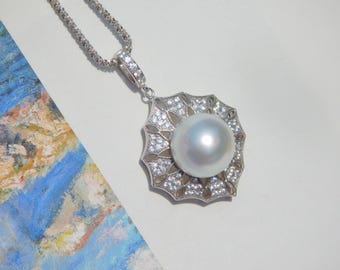 13mm White South Sea Pearl Pendant Enhancer (No Chain) | Lace Pearl Pendant | Australian South Sea Pearl | AA+ | White Gold Over Silver