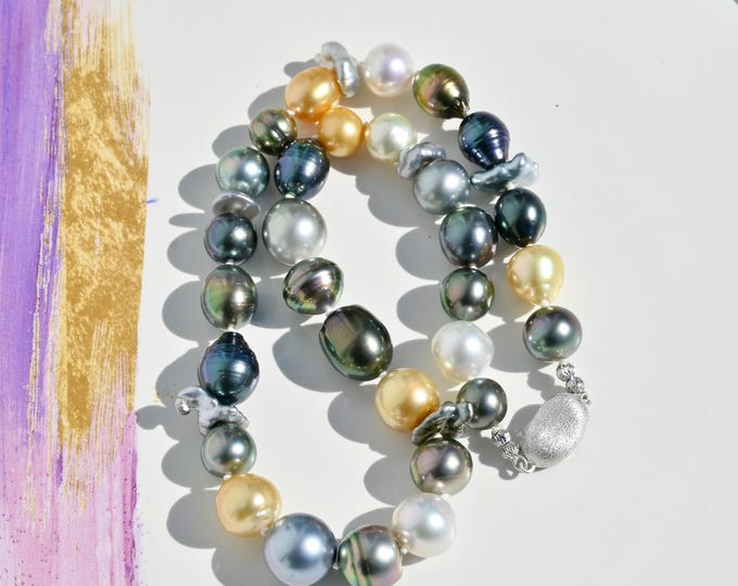 16.5-inch Multicolor South Sea Pearl Necklace: Tahitian, Keshi, Golden Pearls, Silver Clasp