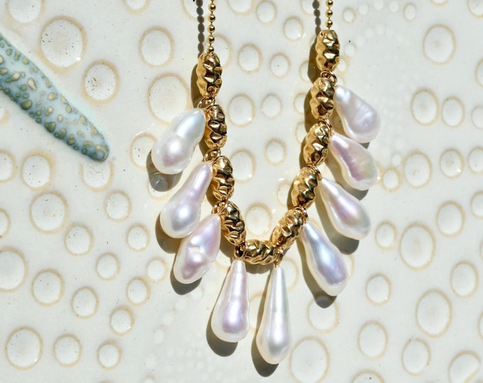 Freshwater Keshi Pearl Dangle Necklace: Gold Filled Adjustable 16-18'', Baroque Pearl Fringe Necklace