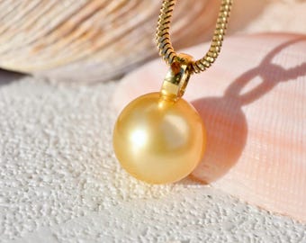 Golden South Sea Pearl Pendant: Solid 18k Yellow Gold Bail, 12mm, AAA, Light Tone Golden