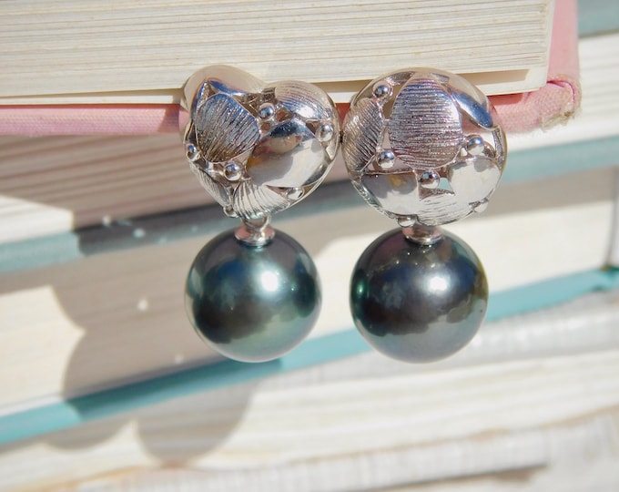 11.5mm Dark Green Tahitian Pearl Earrings | Sterling Silver | Drop Earrings | AA+ | Round | Black Pearl Earrings | Heart | Mismatched