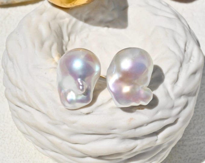 Fireball Baroque Pearl Studs: Solid 18K Gold, White, AAA+, Large Studs, 15mm*18mm