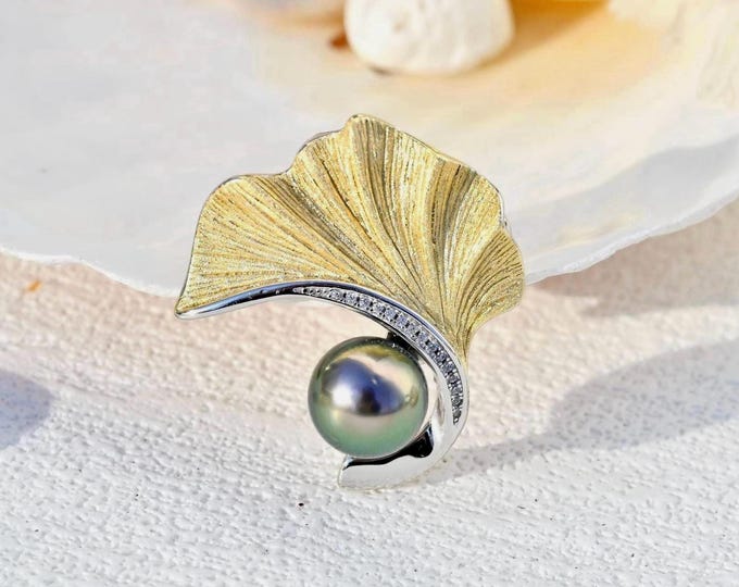 Ginkgo Leaf Brooch/Pendant: Two Tones, Sterling Silver, S925, Peacock, 10mm, AAA