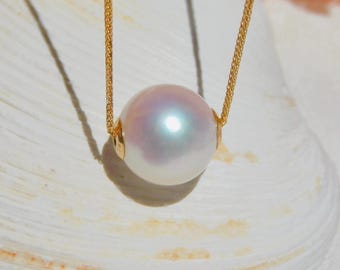 10.8mm White Floating Pearl Necklace | AAA+ | Dainty | Solid 18k Gold Pin-end Chain | Freshwater Pearl | Round | Adjustable | Super Luster